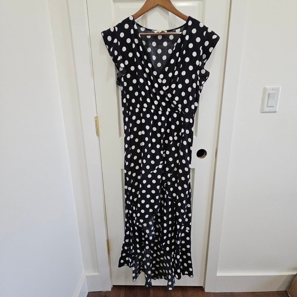 Grecerelle Black White Polka Dot High Low Ruffle Maxi Wrap Dress Large